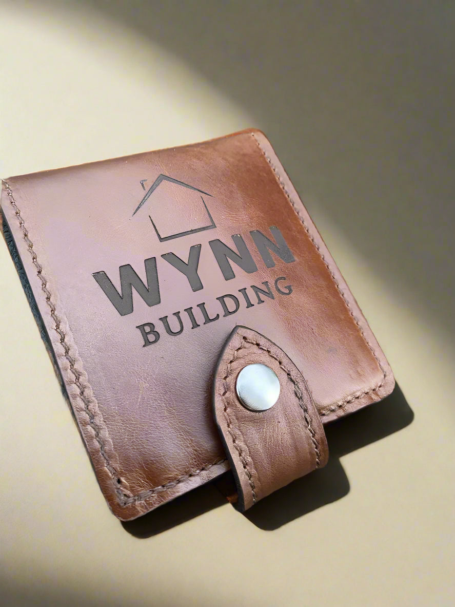 Tan NZ leather wallet with laser engraved logo - SAMPLE.