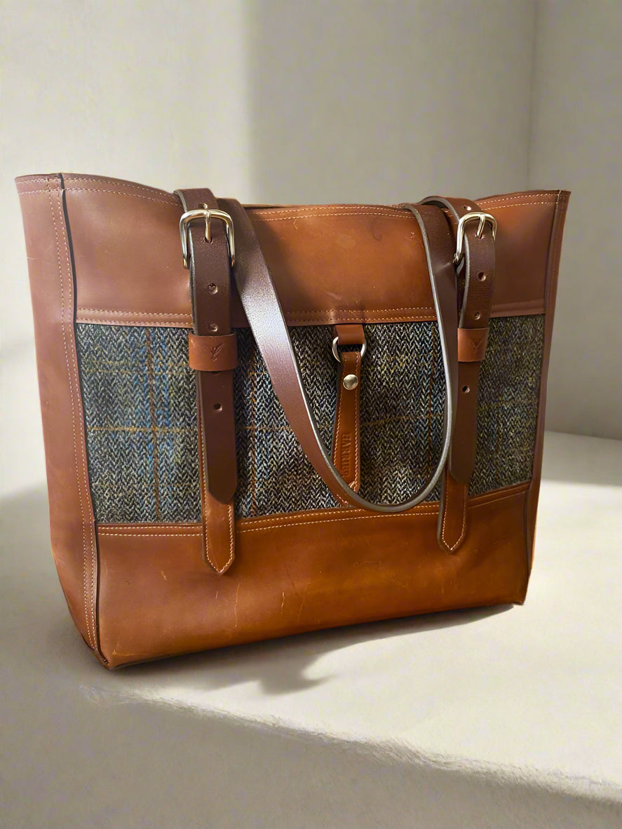 Scotch NZ leather with grey harris tweed on silver hardware