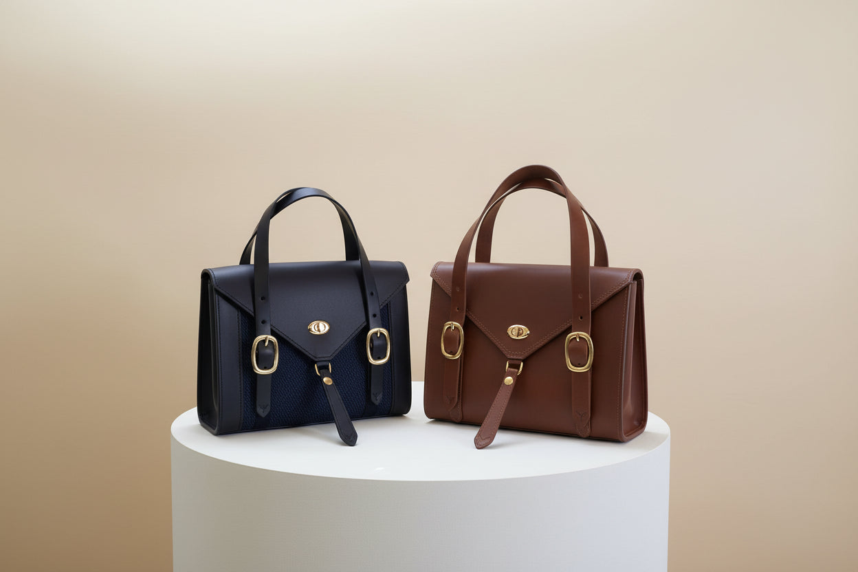 Havana Fisher Purse with navy harris tweed panels and gold hardware and the Scotch Fisher Purse with gold hardware.