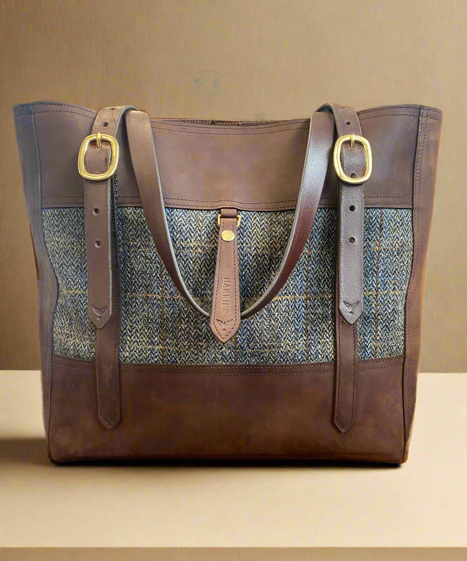 Walnut NZ leather with gret tweed on brass hardware