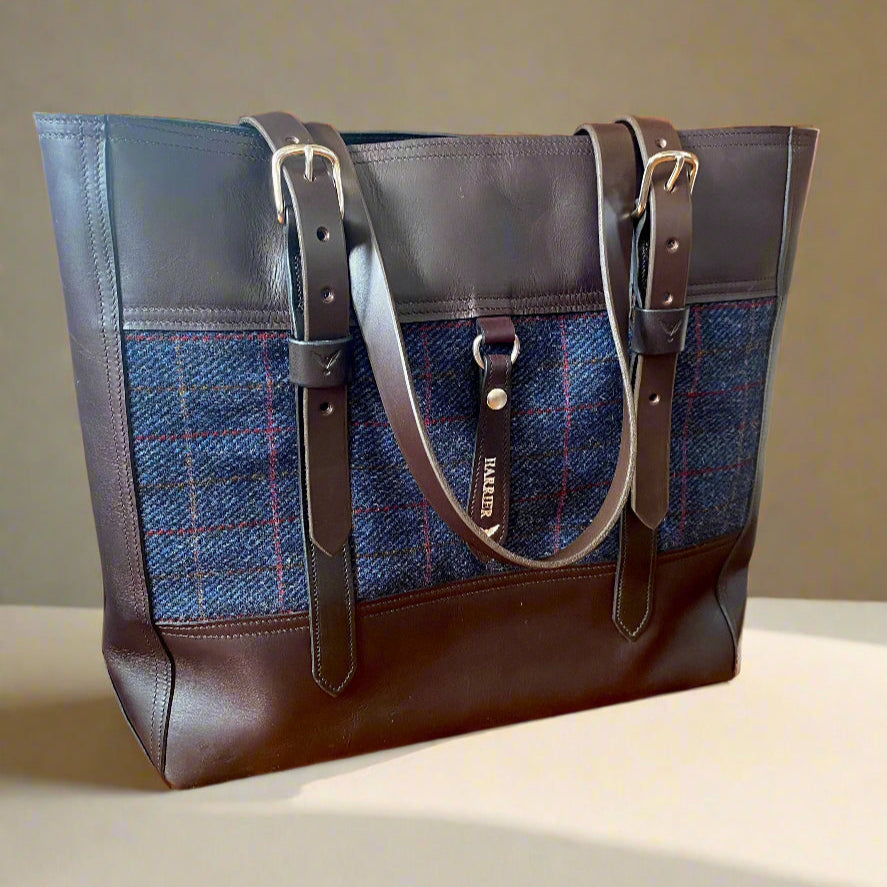 Havana NZ leather with navy harris tweed on silver hardware