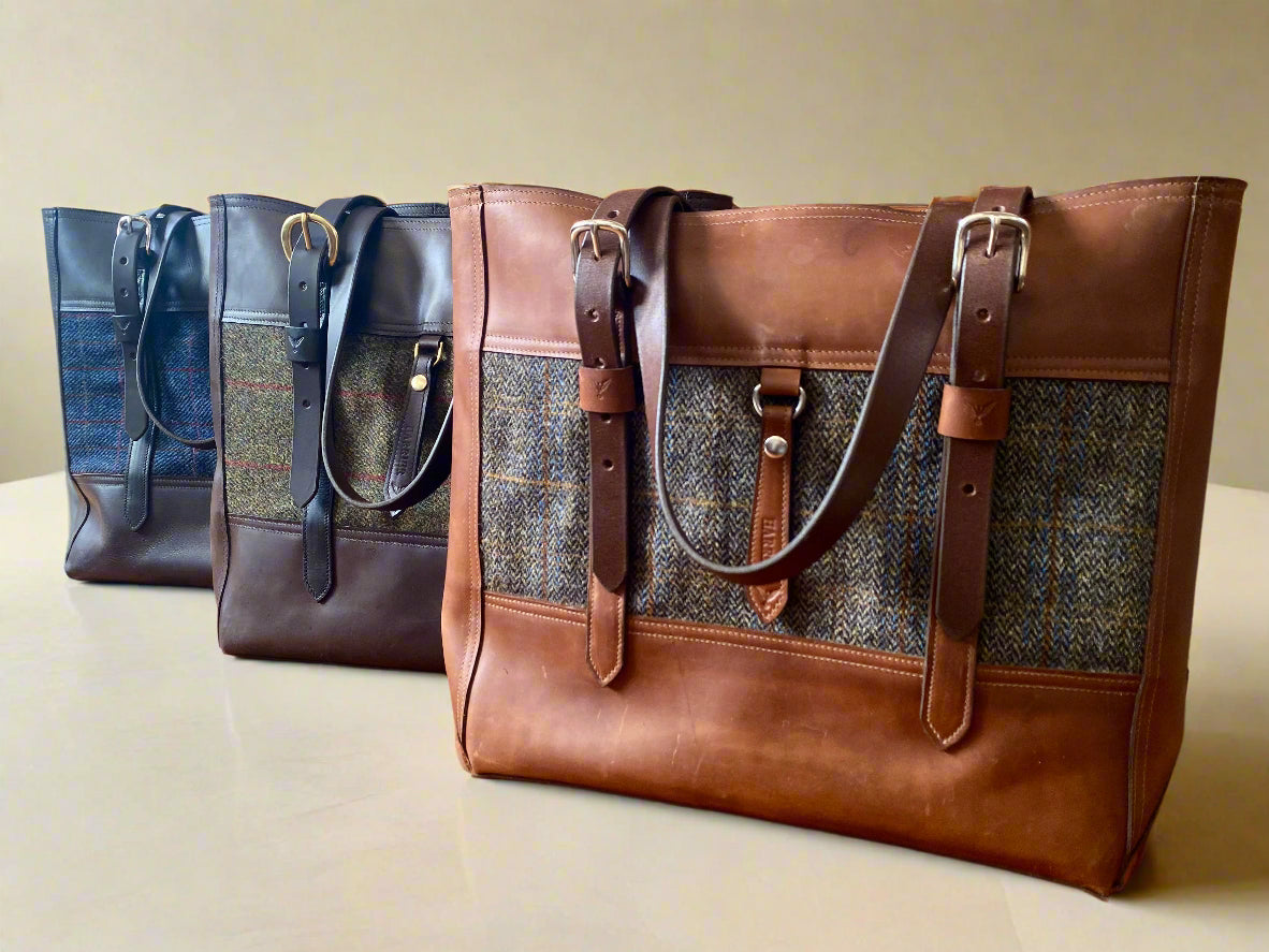 From left to right, havana with navy tweed, walnut with forest tweed and scotch with grey tweed.