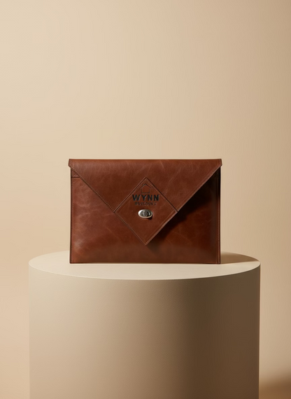 Tan NZ leather laptop case with silver closure and custom laser engraved logo