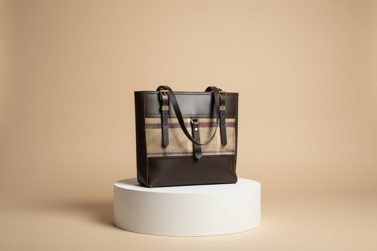 Chocolate New Zealand leather bag with a fawn New Zealand wool panel. 