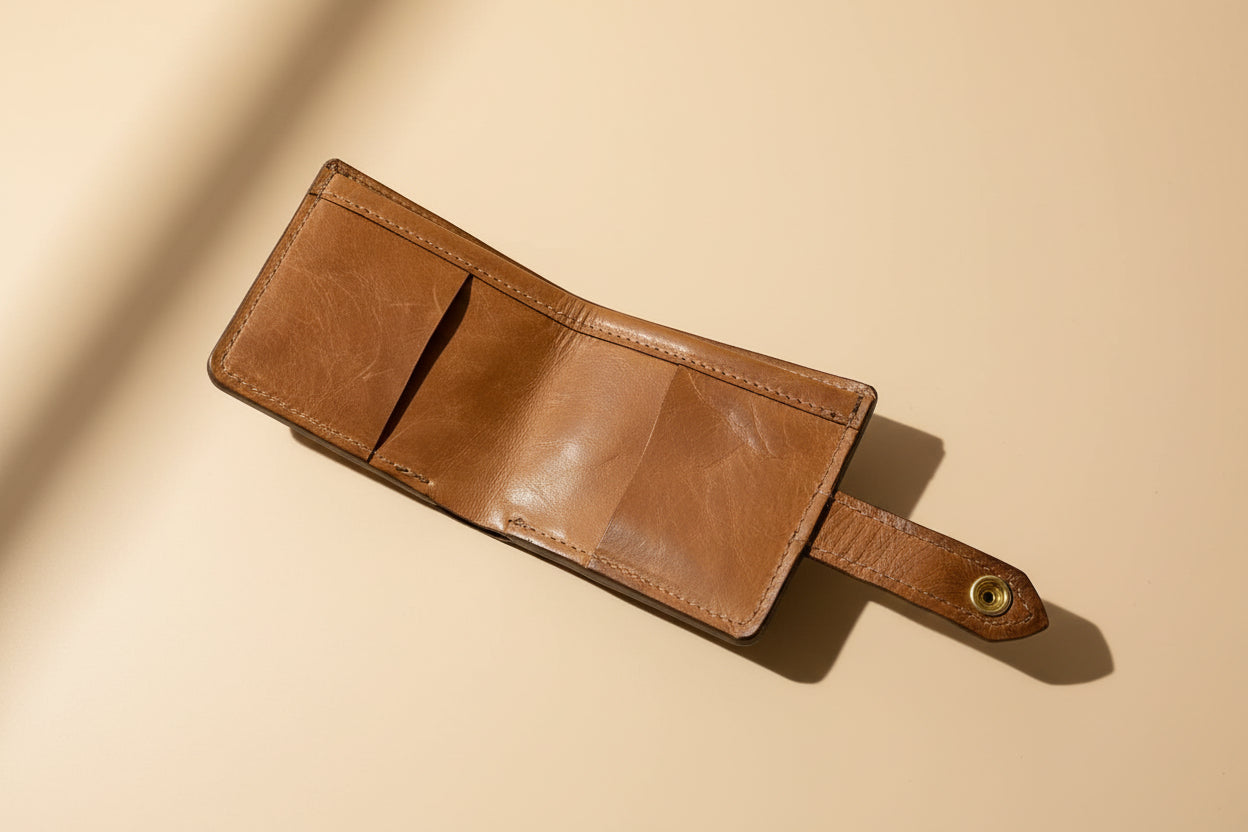 New Zealand leather wallet. Tan. Inside view. 