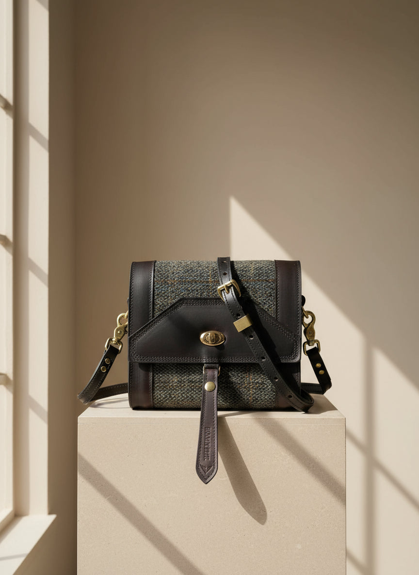 Grey Harris tweed with Havana NZ leather and gold hardware 