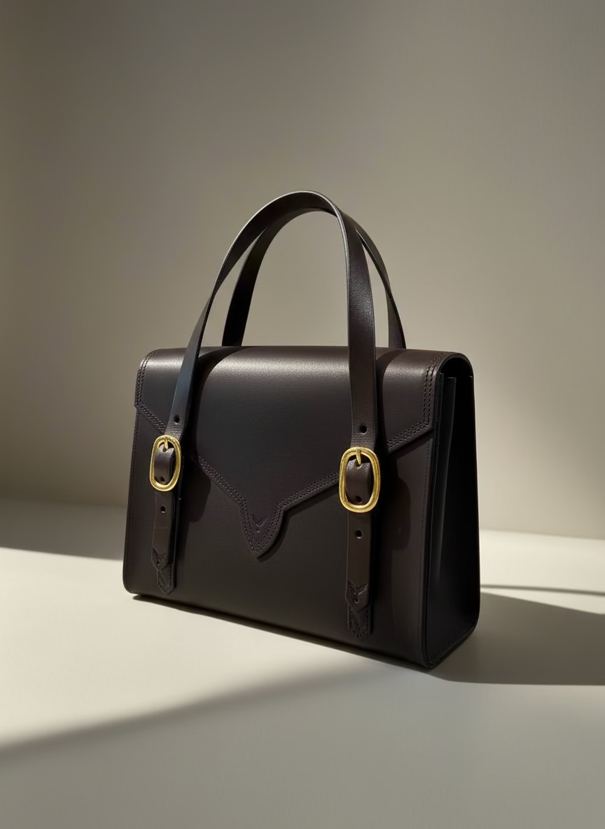 Back View of a havana Fisher Purse with gold hardware. 