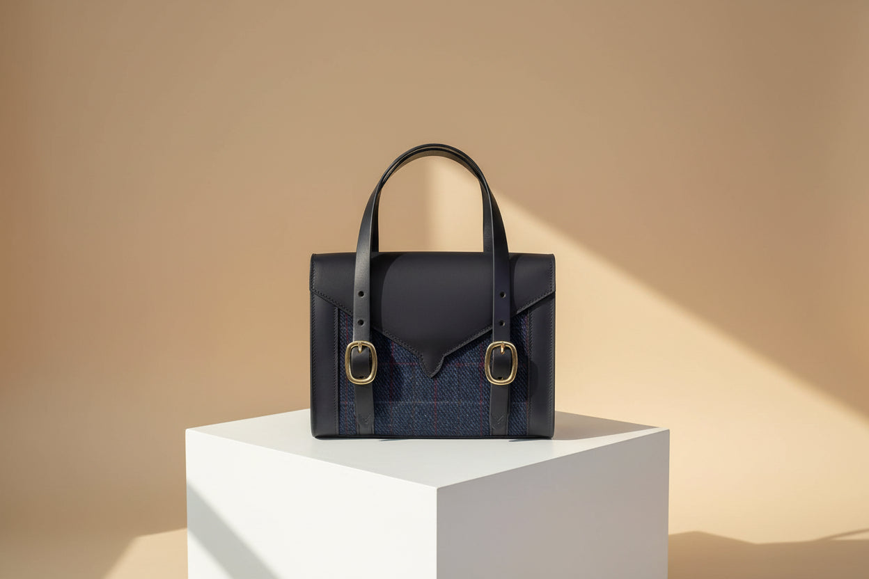 Havana Fisher Purse with navy harris tweed panels and gold hardware. Back view. 