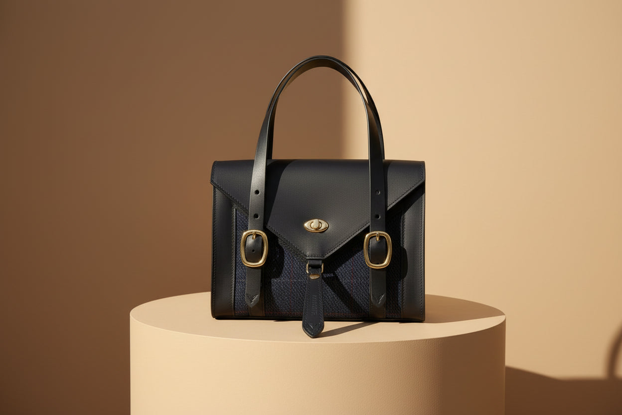 Harris tweed Fisher Purse. Havana NZ leather with Navy Harris Tweed. 