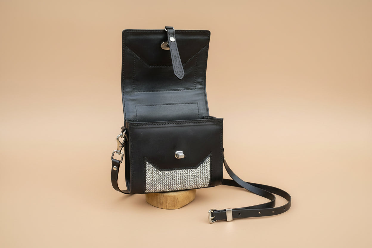 Havana NZ leather bag with a cream textured NZ wool panel. 