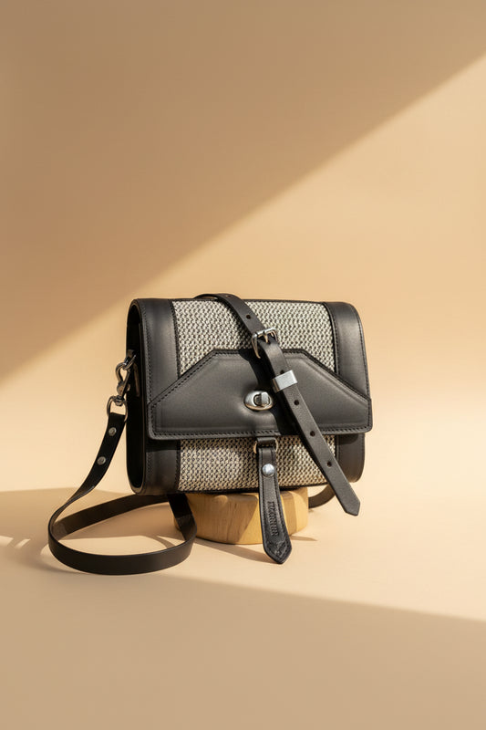 Havana NZ leather bag with a cream textured NZ wool panel.  