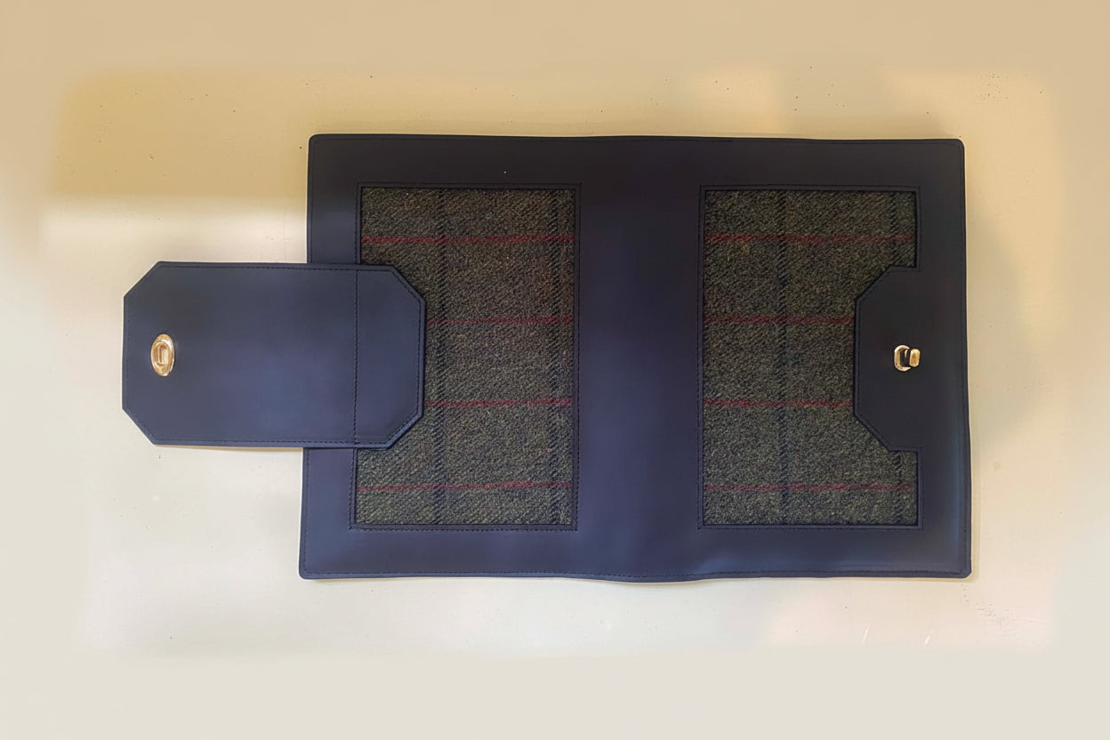 Havana NZ leather compendium with forest harris tweed panels and gold hardware. Full front and back view. 