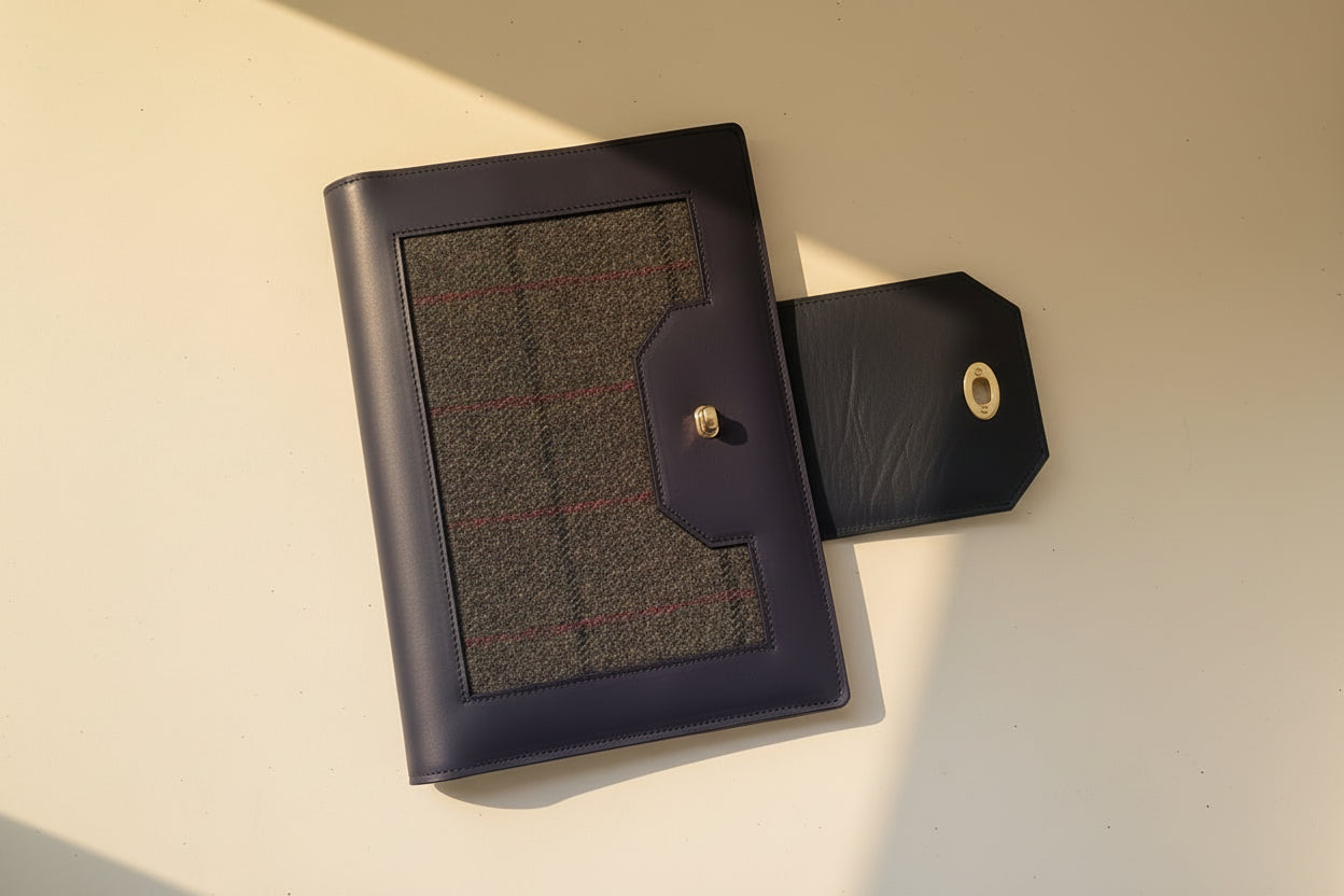 Havana NZ leather compendium with forest harris tweed panels and gold hardware. Front view with open latch. 