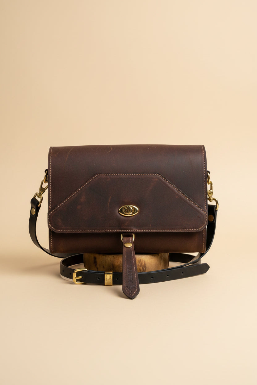 Walnut NZ leather Alder Shoulder Bag with gold hardware. 