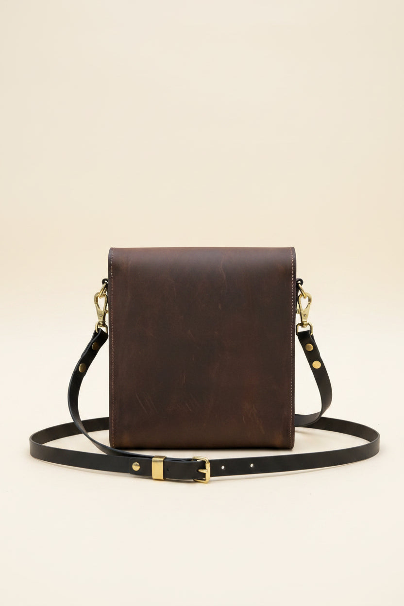 Walnut NZ leather Duchess Day tripper with Gold hardware, back view. 