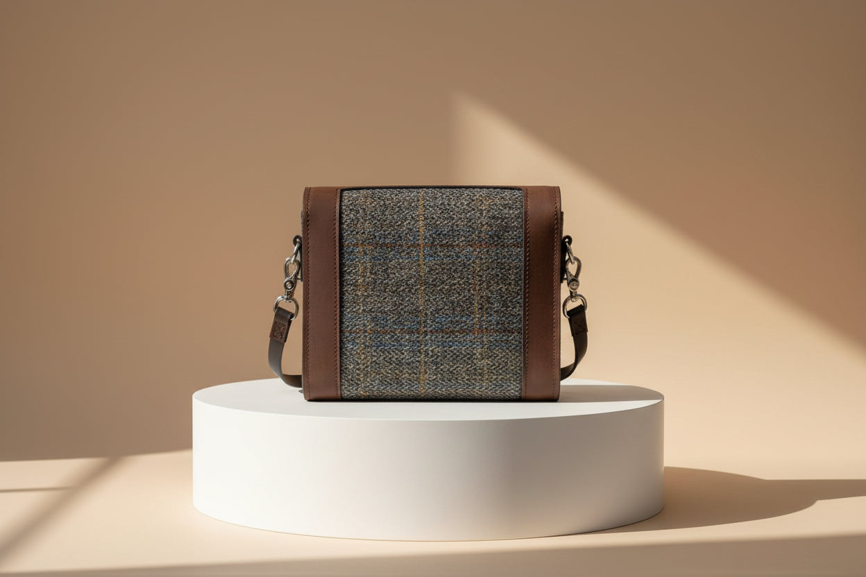 Walnut with grey Harris Tweed Panels and silver hardware. Back View.  