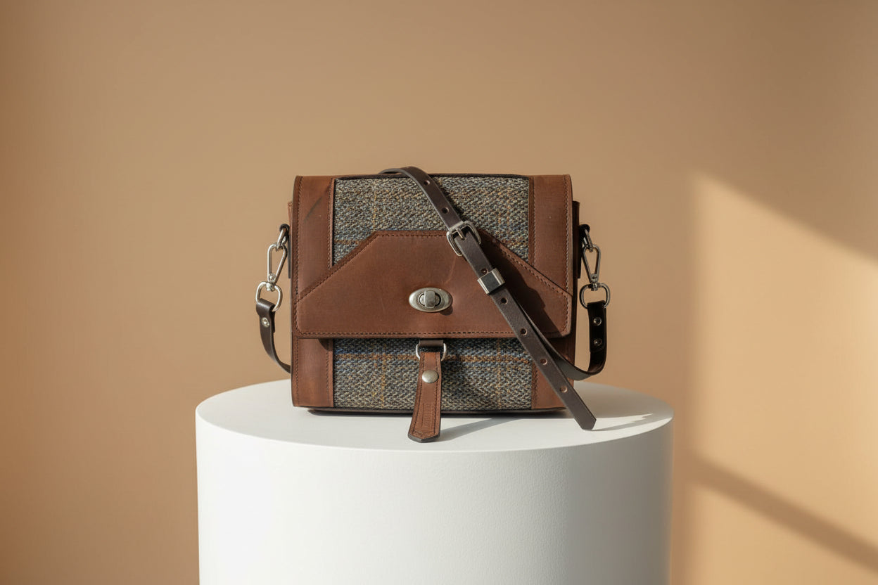 Walnut NZ leather with grey harris tweed and silver hardware. 