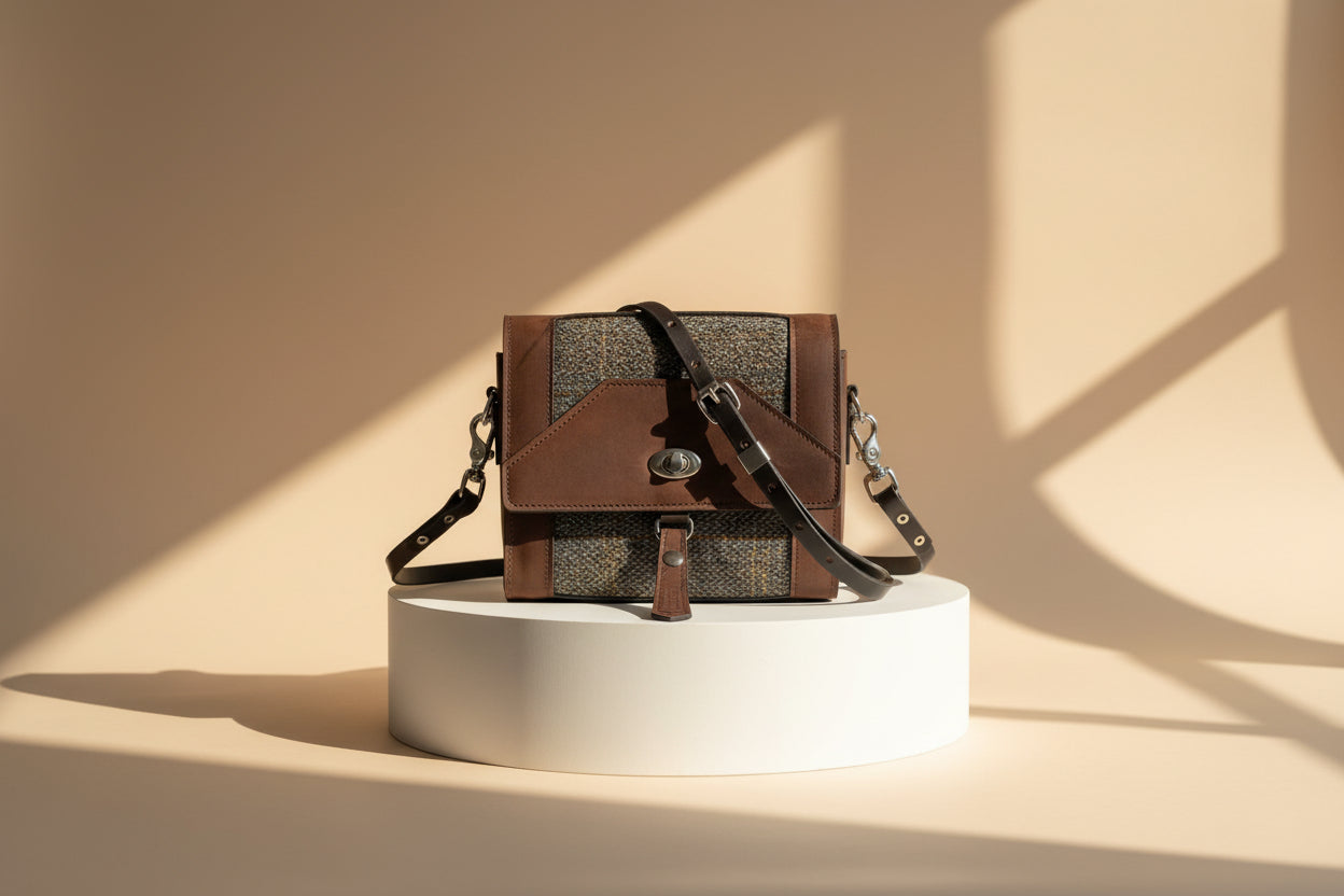 Walnut NZ leather with grey harris tweed and silver hardware. Front view. 