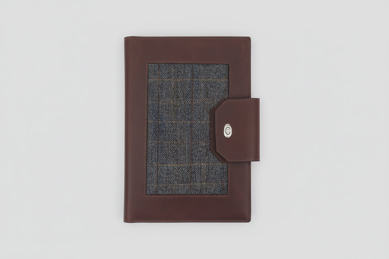 Walnut NZ leather and grey Harris Tweed Carter Compendium, front. 