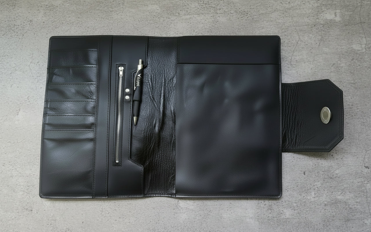 Middle of compendium in Havana NZ leather with silver fillings. 