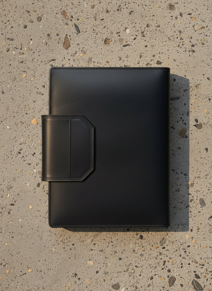 Back view of compendium in Havana New Zealand leather. 